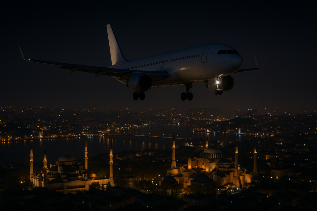 Commercial airplane flying over Istanbul at night, with city lights and illuminated landmarks like the Hagia Sophia visible below.
