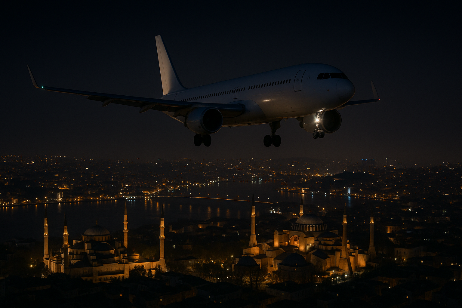 Commercial airplane flying over Istanbul at night, with city lights and illuminated landmarks like the Hagia Sophia visible below.