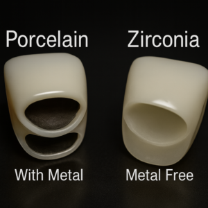 Close-up comparison of two dental crowns — porcelain with a metal core on the left, and zirconia metal-free on the right — shown against a dark background.