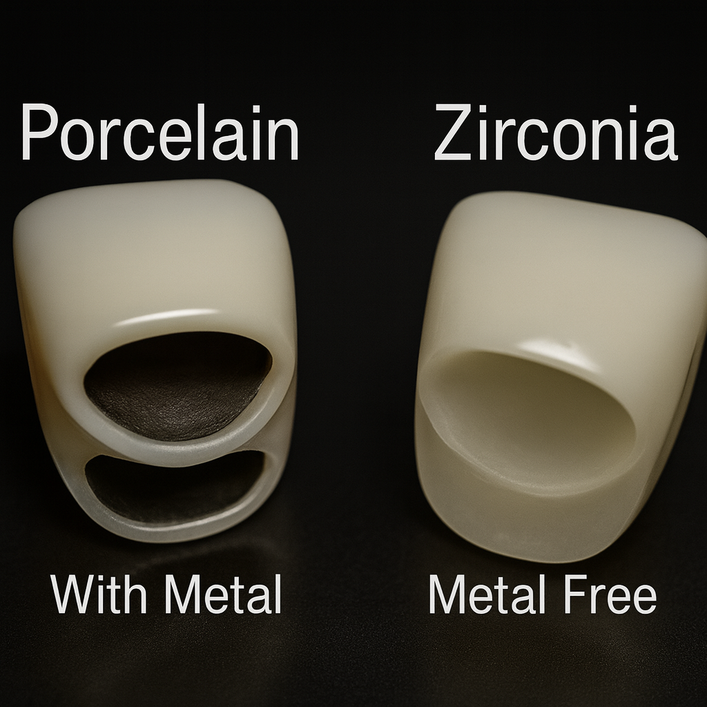 Close-up comparison of two dental crowns — porcelain with a metal core on the left, and zirconia metal-free on the right — shown against a dark background.