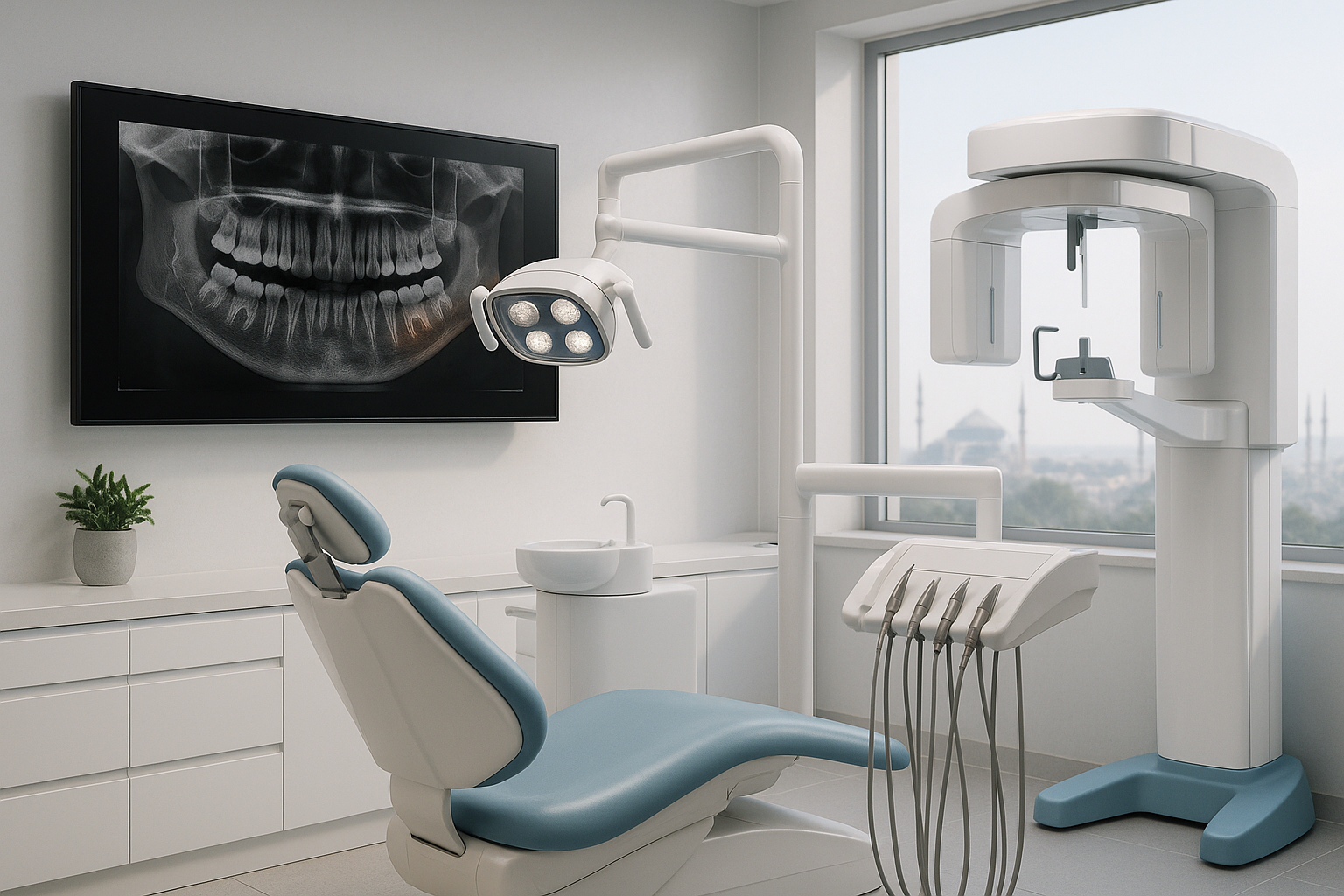 Interior of a modern dental clinic in Istanbul, featuring a sleek white and light blue dental chair, overhead examination light, advanced dental tools, a large digital panoramic X-ray image on the wall, and a panoramic X-ray machine near a large window with a faint view of Istanbul’s skyline including mosque domes.