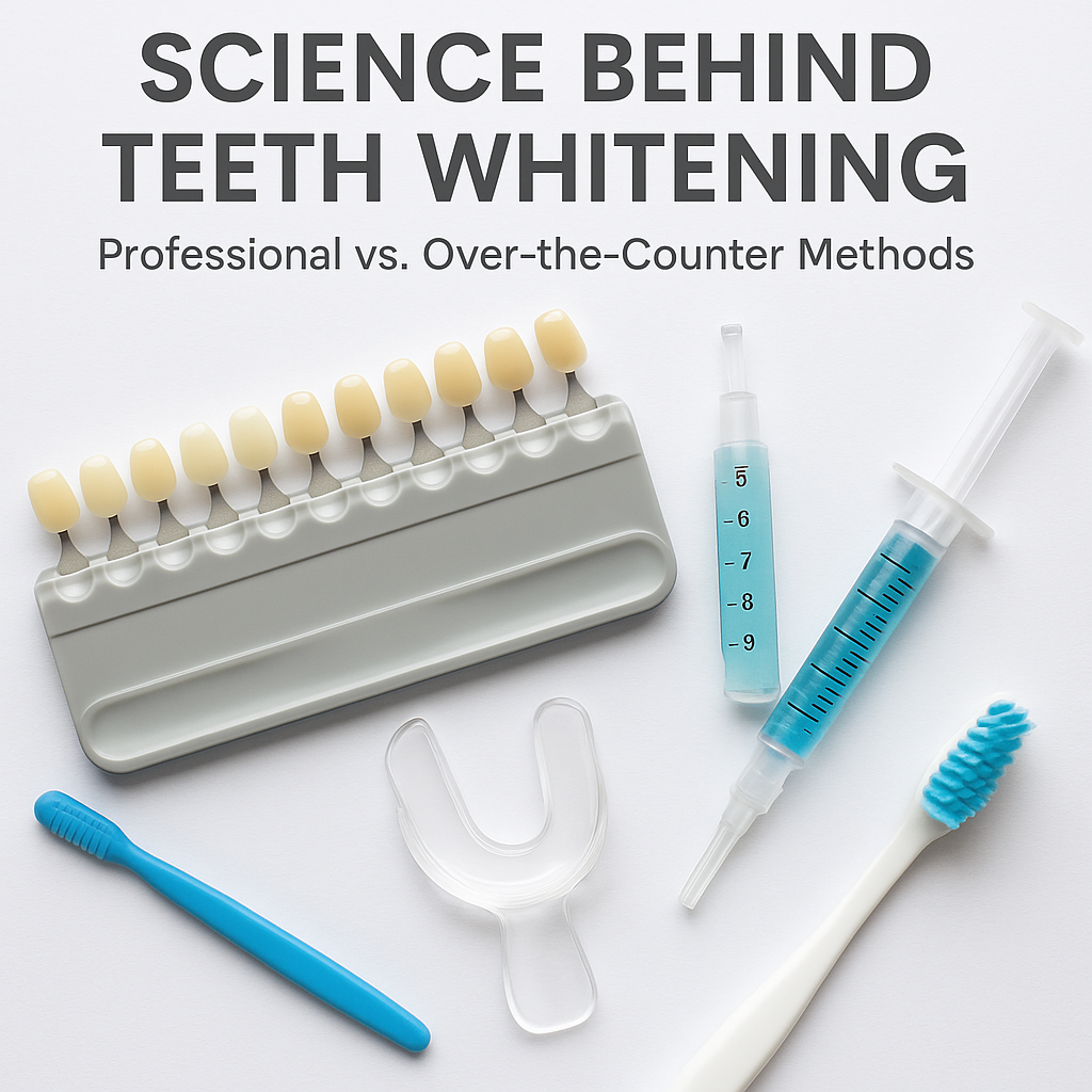 Close-up of professional dental tools and whitening gel placed beside a tooth shade guide, illustrating the process of professional teeth whitening.